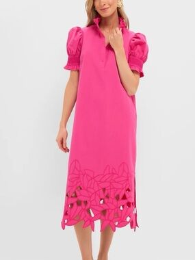 Women's Eliza Pink Puff-Sleeve Midi Dress with Laser-Cut Hem